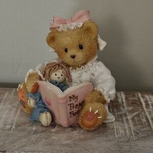 Cherished Teddies Christine  Tan Bear with Pink Book and Blue Doll